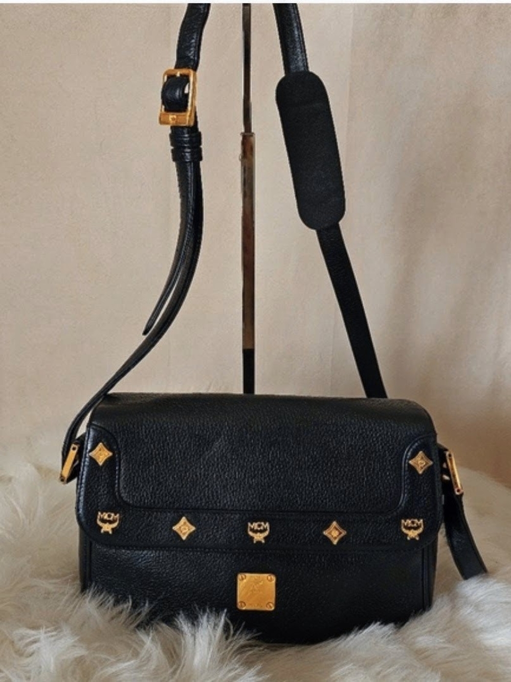 MCM Black Leather Crossbody Bag with Gold Hardware
